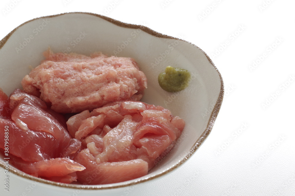 Assorted tuna fish and spice Wasabi in bowl with copy space Assorted tuna fish and spice Wasabi in bowl with copy space