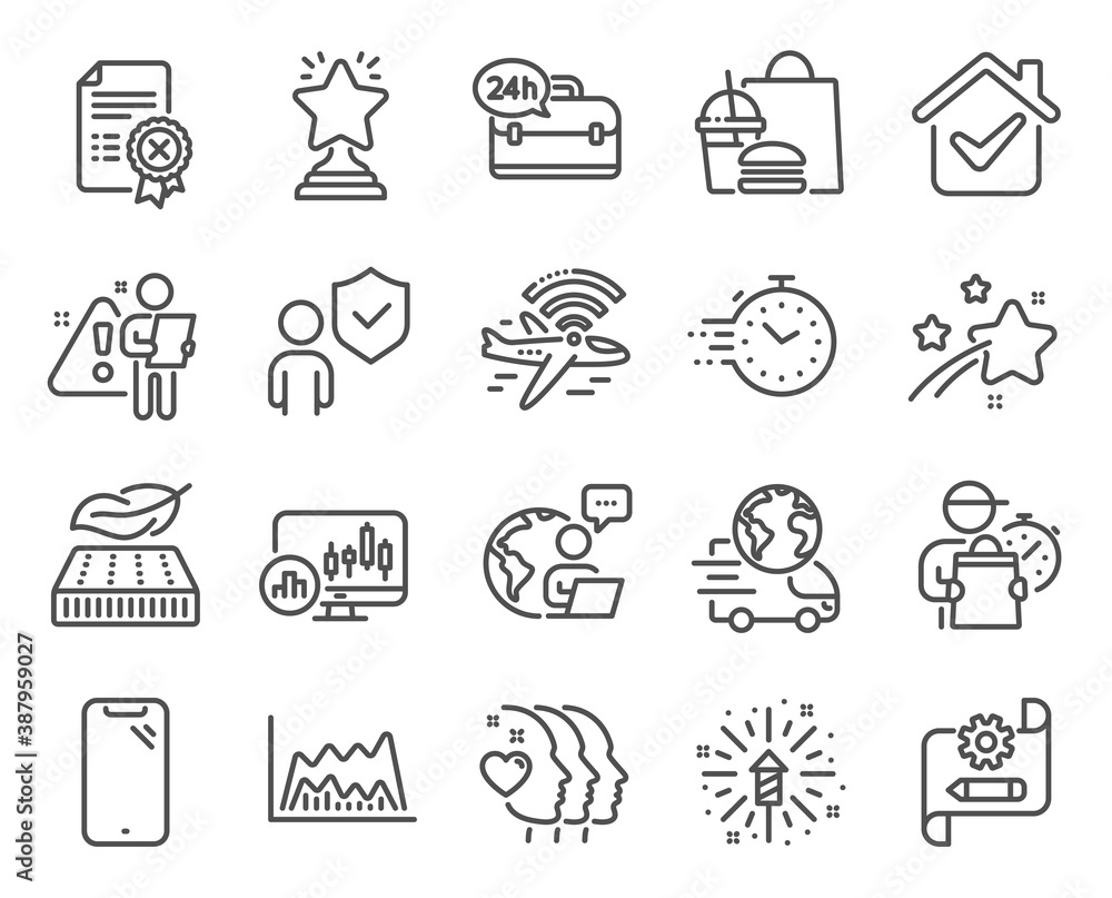 Business icons set. Included icon as Lightweight mattress, Reject certificate, Airplane wifi signs. Fireworks explosion, Candlestick chart, Friends couple symbols. Cogwheel blueprint. Vector