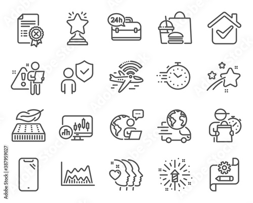 Business icons set. Included icon as Lightweight mattress, Reject certificate, Airplane wifi signs. Fireworks explosion, Candlestick chart, Friends couple symbols. Cogwheel blueprint. Vector