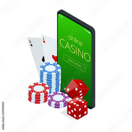 Internet poker game. Poker cards, chips game elements. Isometric Online Casino Gambling Concept.