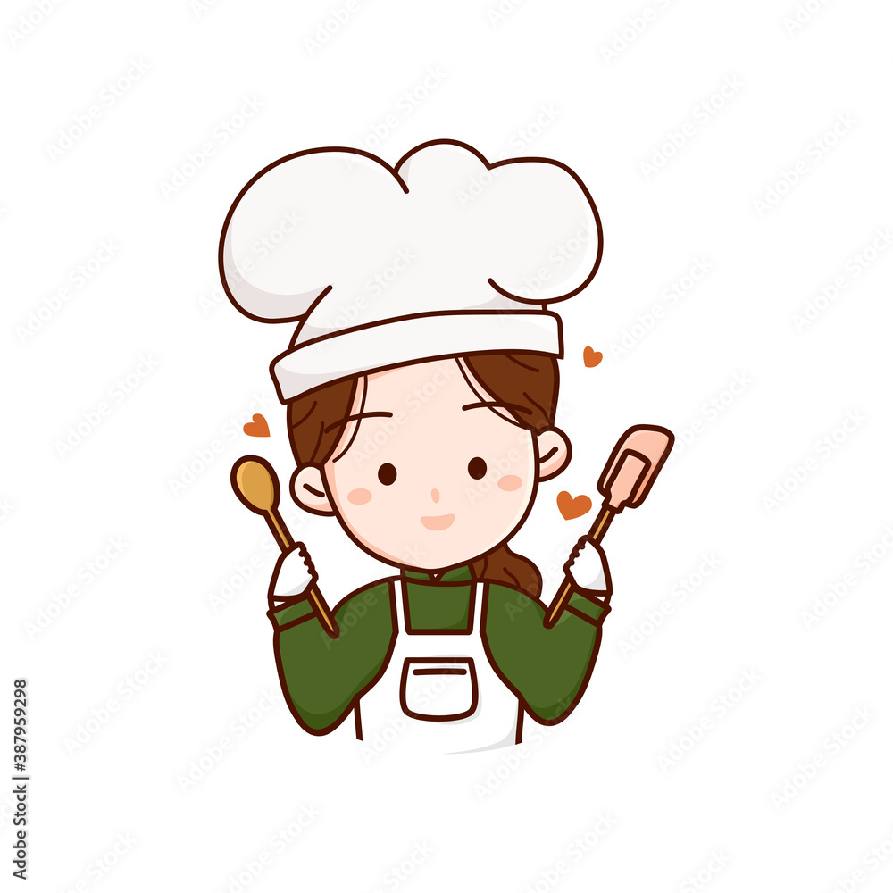 Cute bakery chef girl holding kitchen tools with love cartoon art  illustration logo. Stock Vector | Adobe Stock