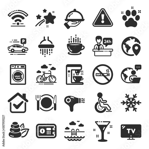 Hotel service icons. Wi-Fi, Air conditioning and Coffee maker machine. Spa stones, swimming pool and bike rental icons. Hotel parking, safe and shower. Food, coffee cup. Flat icon set. Vector