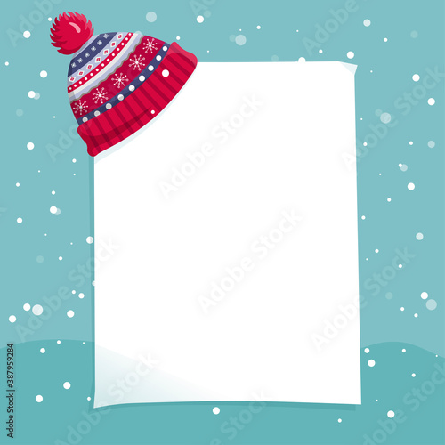 Empty piece of paper. A letter to Santa Claus template. Cartoon Christmas wish list with knitted hat and snow. Vector illustration. Dear Santa Claus.