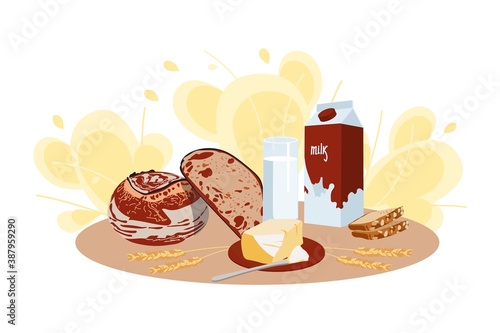 Fresh rustic rye bread, milk and butter. Natural organic nutritious pastry and dairy products. Traditional healthy breakfast meal flat vector illustration