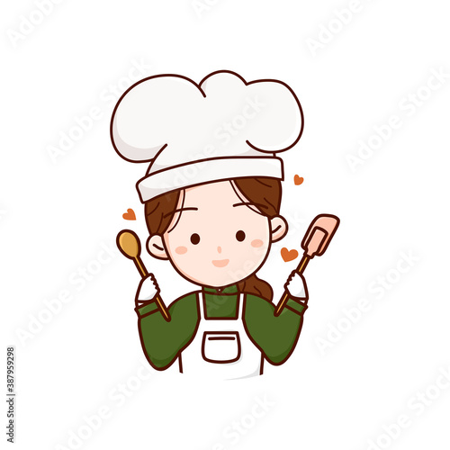 Cute bakery chef girl holding kitchen tools with love cartoon art illustration logo.