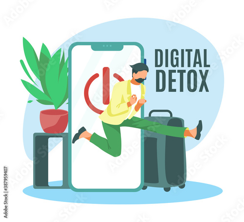 Digital detox concept. Young man jumping out of smartphone screen. Millennial user character disconnecting and doing digital detox. Modern lifestyle, leisure, vacation flat vector illustration