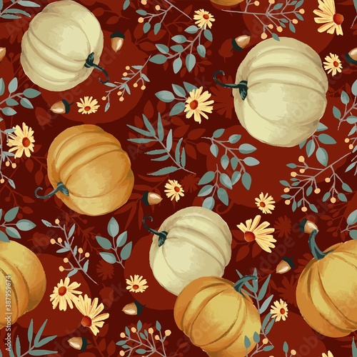 Autumn pumpkins with maroon background pattern. Leaves, sunflowers, flowers ditsy. Perfect for fall, Thanksgiving, holidays, fabric, textile. Seamless repeat swatch.