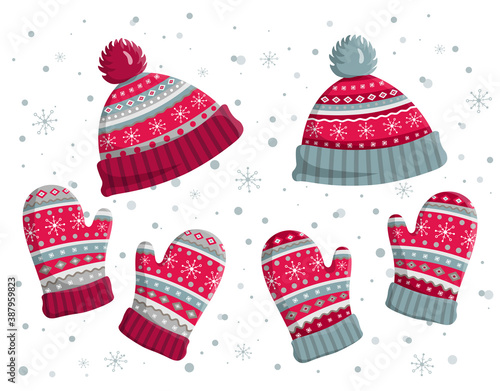 Set of warm knitted hats and mittens. Cute winter accessories cap and gloves isolated on white background. Vintage pattern wear design. Christmas flat vector illustration. 