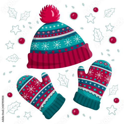 Warm knitted hat and mittens. Cute winter accessories cap and gloves isolated on white background. Vintage pattern wear design. Christmas flat vector illustration. 