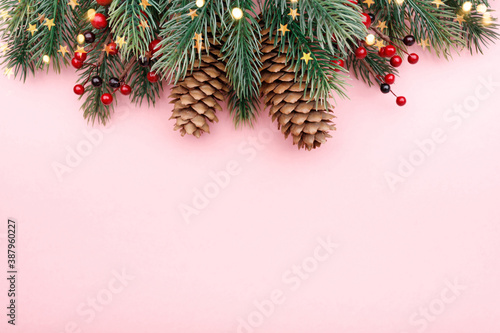 Christmas border with fir branches, conifer cones, red berries and gold lights on pastel pink background