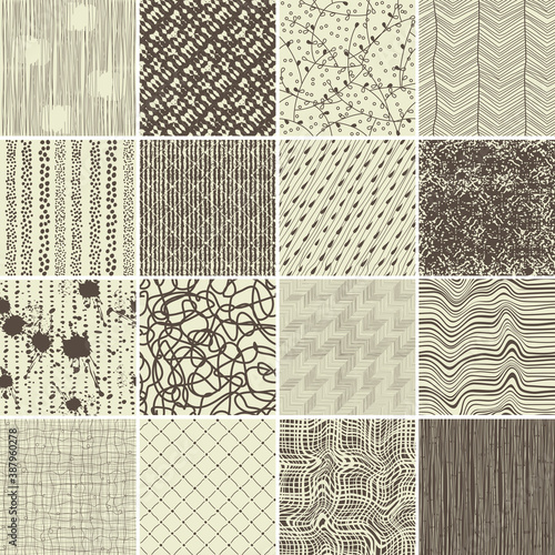 set of 16 doodle seamless patterns and textures. Vector