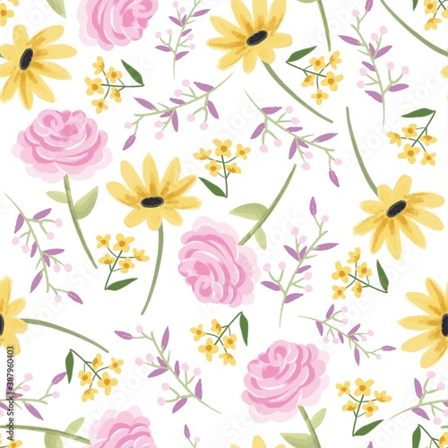 Wallpaper Mural Vector hand drawn floral pattern, delicate flowers, yellow, blue and pink flowers, sunflower, rose, daisy, for greeting cards and fabric Torontodigital.ca