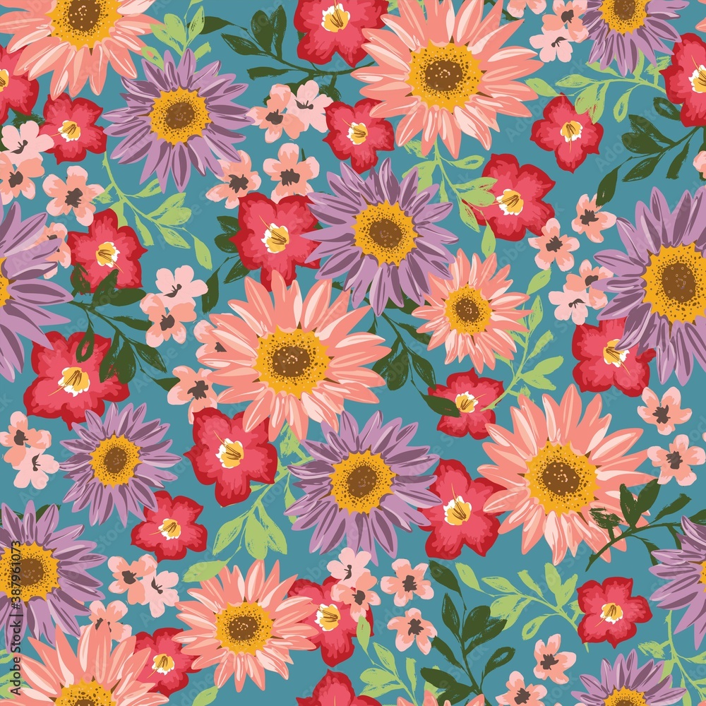 Seamless pattern with peach and lavender florals. Ditsy decorative sunflower floral design and foliage. Flowers, buds and leaf. Vintage hand drawn vector illustration with separate elements.