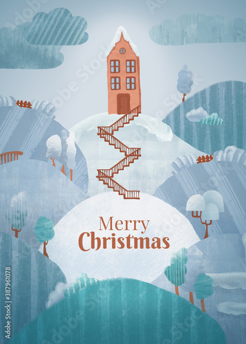 Winter house with snowy hills, hand drawn Christmas card. Merry Christmas card background with painted blue and brown..
