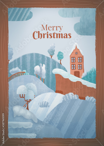 Winter house with snowy hills, hand drawn Christmas card. Merry Christmas background with pencil texture. digital illustration.