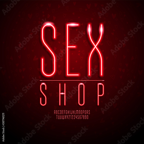 Sexy neon font, trendy vibrant alphabet in the red light style, modern letters and numbers, vector illustration