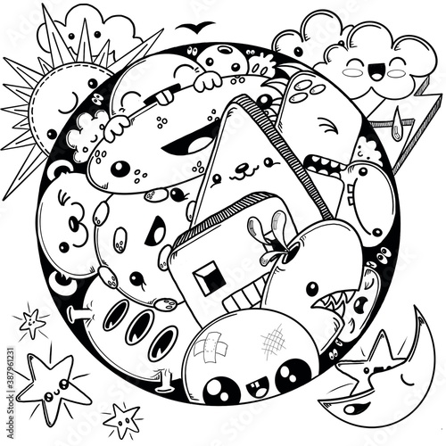 illustration Cute doodle characters in a circle 