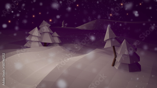 Winter night background with snow. 3d lowpoly rendering of a snowfall on white fir trees with stars.