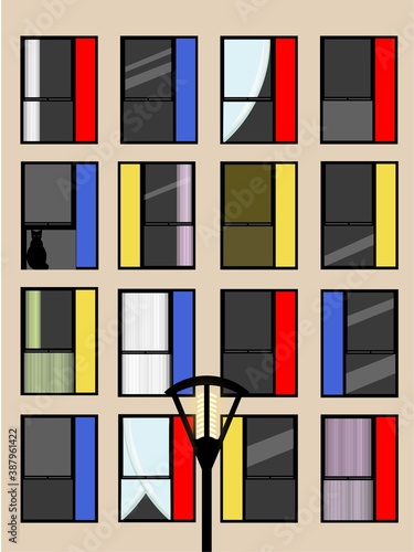 Illustration of a building with windows and a street light