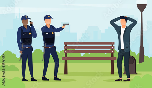 The concept of law and order and the fight against crime. Diverse multiracial police officers arresting the criminal. Flat cartoon vector illustration with fictional characters.