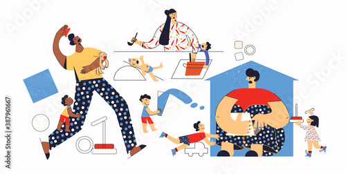 Set of difficult and frustrated illustration parenthood. Diverse people, big family. Noisy and moody children and tired parents. Collection of flat vector character isolated on white background