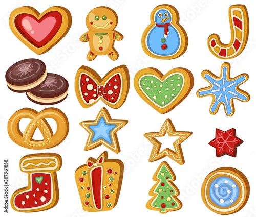Set of gingerbread Holiday sweet cookie isolated . Vector illustration