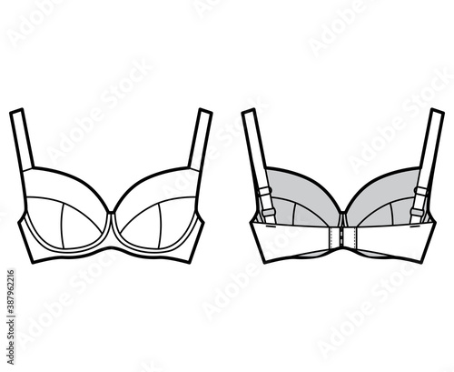 Bra full support lingerie technical fashion illustration with full adjustable straps, hook-and-eye closure. Flat brassiere template front, back white color style. Women men unisex underwear CAD mockup