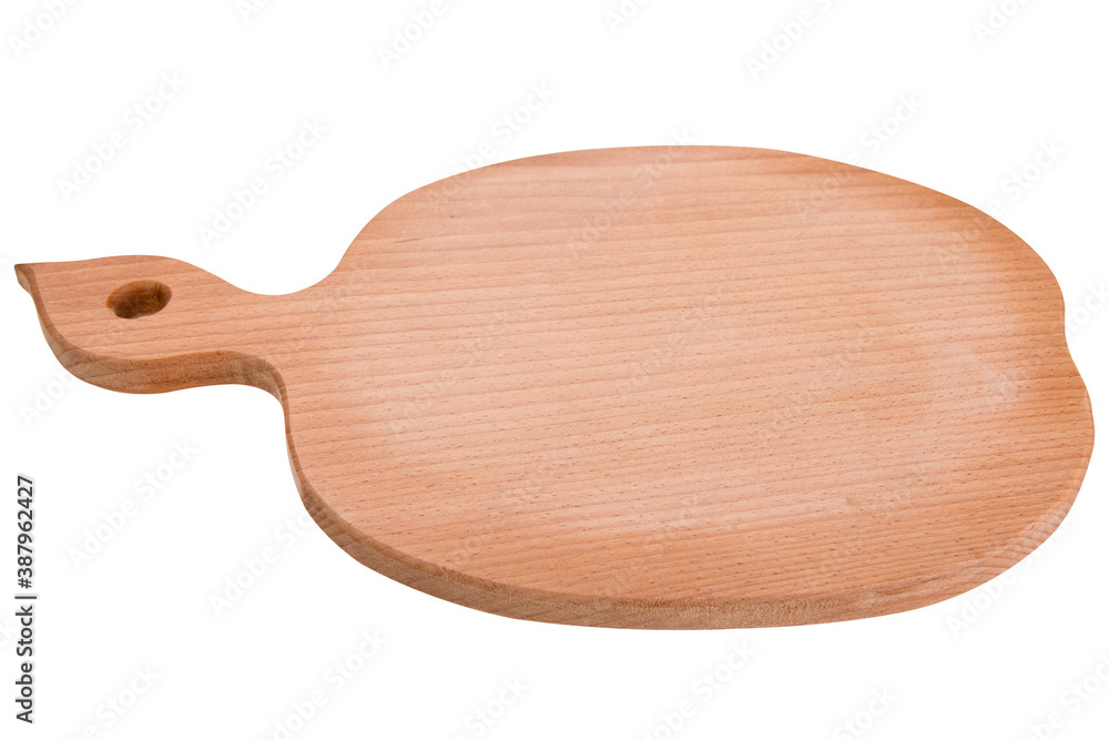 wooden curly cutting board in the shape of an apple slice, on a white background, selective focus wooden curly cutting board in the shape of an apple slice, on a white background, selective focus