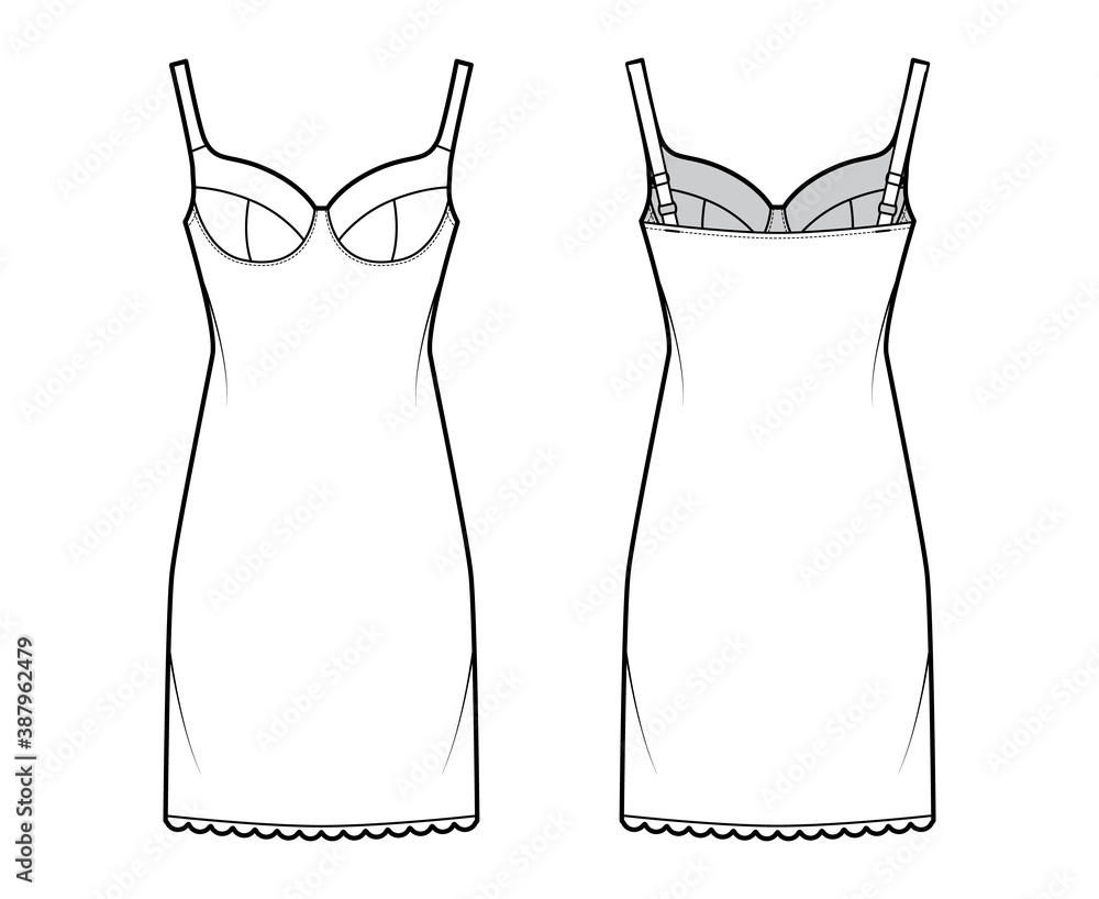 Bra slip lingerie dress technical fashion illustration with molded cup