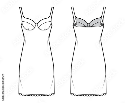 Bra slip lingerie dress technical fashion illustration with molded cup, adjustable straps, scalloped edge, thigh length. Flat template front, back white color style. Women unisex underwear CAD mockup