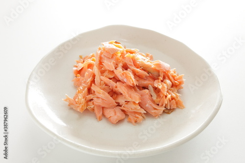 Japanese food, grilled salmon flake on dish with copy space