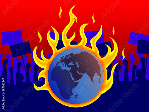 Protest. Silhouettes of raised fists protesting on the background of a burning planet Earth, city, skyscrapers. Vector