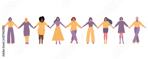 Women are holding hands. International Women's Day concept. Women's community. Female solidarity. Women silhouettes of different races, different ages. Vector illustration