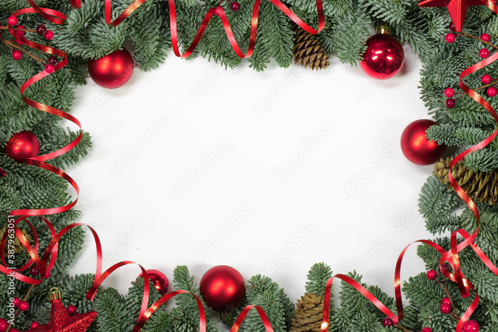 Christmas fir and decorations on white Christmas fir and decorations on white