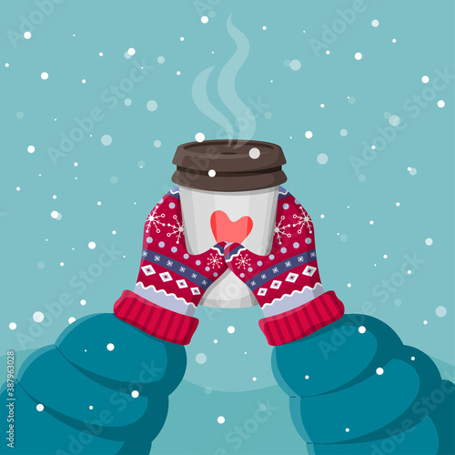 Two hands holding a cup of hot drink. Magic winter cozy illustration. Knitted winter vintage gloves on snowy background. Colorful vector flat cartoon illustration.  Hot drink to go.