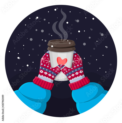 Two hands holding a cup of hot drink. Magic winter night cozy illustration. Knitted winter vintage gloves on snowy background. Colorful vector flat cartoon illustration.  