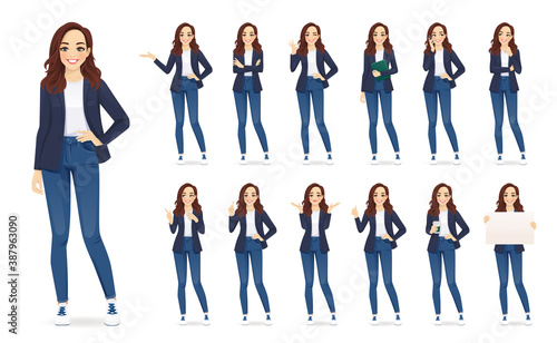 Fotografia Casual business woman character in different poses set in jeans isolated vector
