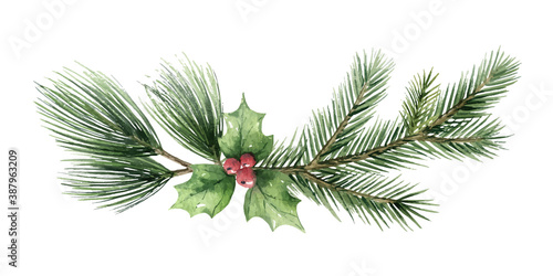 Watercolor vector Christmas wreath with fir branches and green leaves.