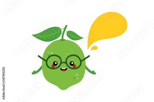 Cute cartoon style citrus green lime character with speech bubble, talking, giving advice or information. 