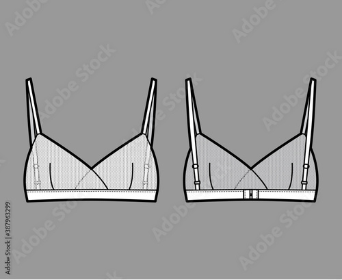Sheer Bralette lingerie technical fashion illustration with adjustable shoulder strap, hook-and-eye closure. Flat brassiere template front back white color style. Women men unisex underwear CAD mockup
