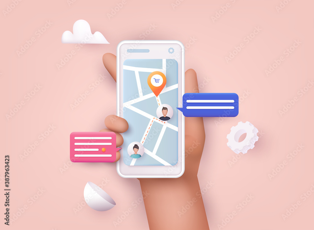 Hand holding mobile smart phone with app delivery tracking. Vector modern 3d creative info graphics design on application. - obrazy, fototapety, plakaty 