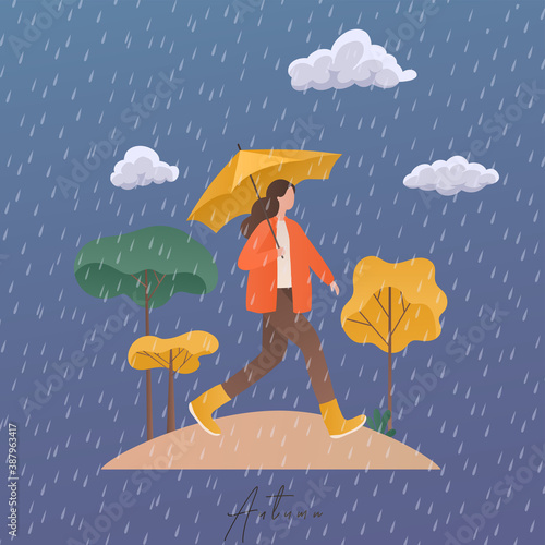 Autumn concept illustration. Girl with umbrella under autumn rain.