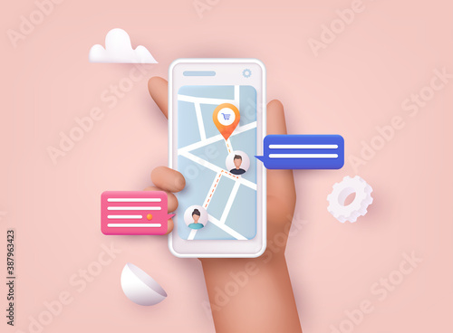 Hand holding mobile smart phone with app delivery tracking. Vector modern 3d creative info graphics design on application.