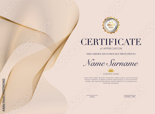 Certificate template with golden decoration element. Design diploma graduation, award. Vector illustration.