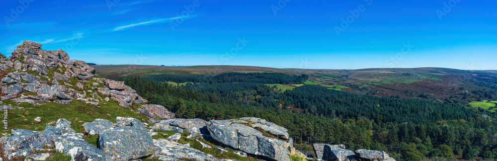 Panorama from Sharpitor to  Burrator Reservoir in Dartmoor National Park in Devon in England in Europe