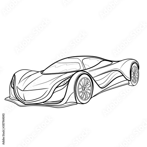 sketch of a sports car, coloring book, cartoon illustration, isolated object on white background, vector,