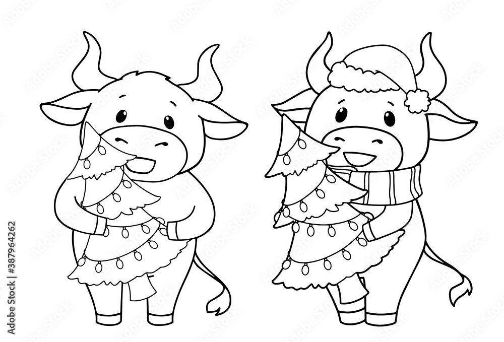 Obraz premium Set of two cartoon cow wearing Christmas costume. Contour vector illustration for children coloring book.