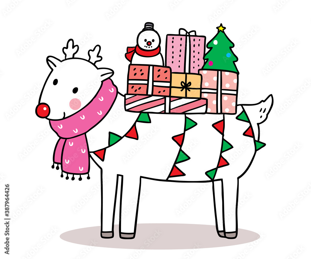 Obraz premium Hand draw cartoon cute Merry Christmas, Deer and gift boxes vector.