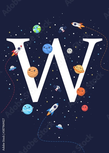 The letter W with the theme of outer space for Children. Letter graphic vector illustration for kids on outer space theme. space kids, letters for children.