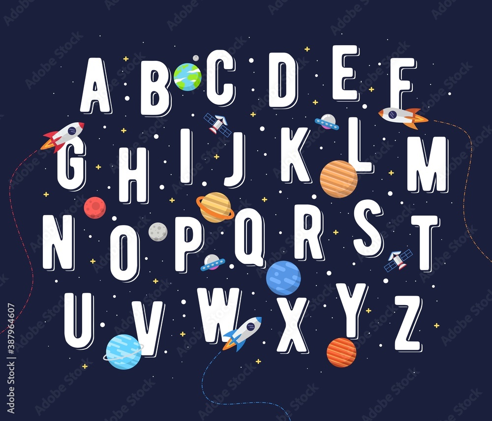 Vector Space Alphabet for Kids. Vector illustration of alphabet